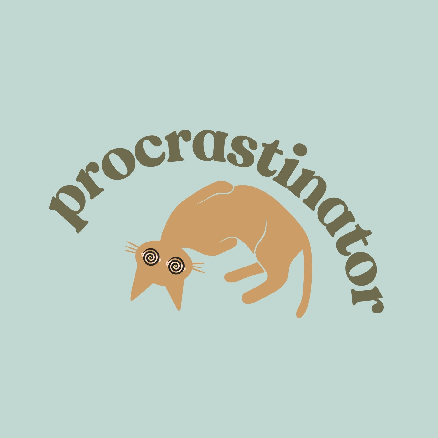 Cat illustration with 'procrastinator' text on a light blue background #color_agave