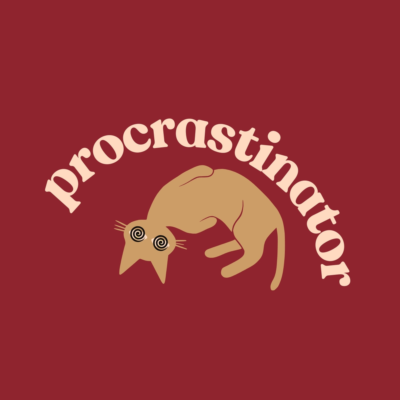 Cat illustration with 'procrastinator' text on a red background #color_brick red