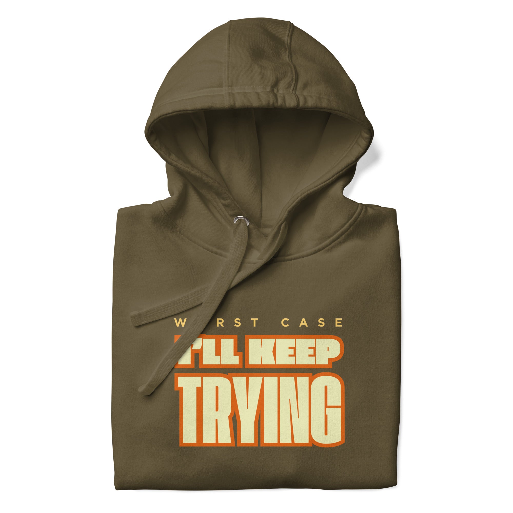 Unisex Keep Trying hoodie in military green with positive reminder graphic, #color_military green