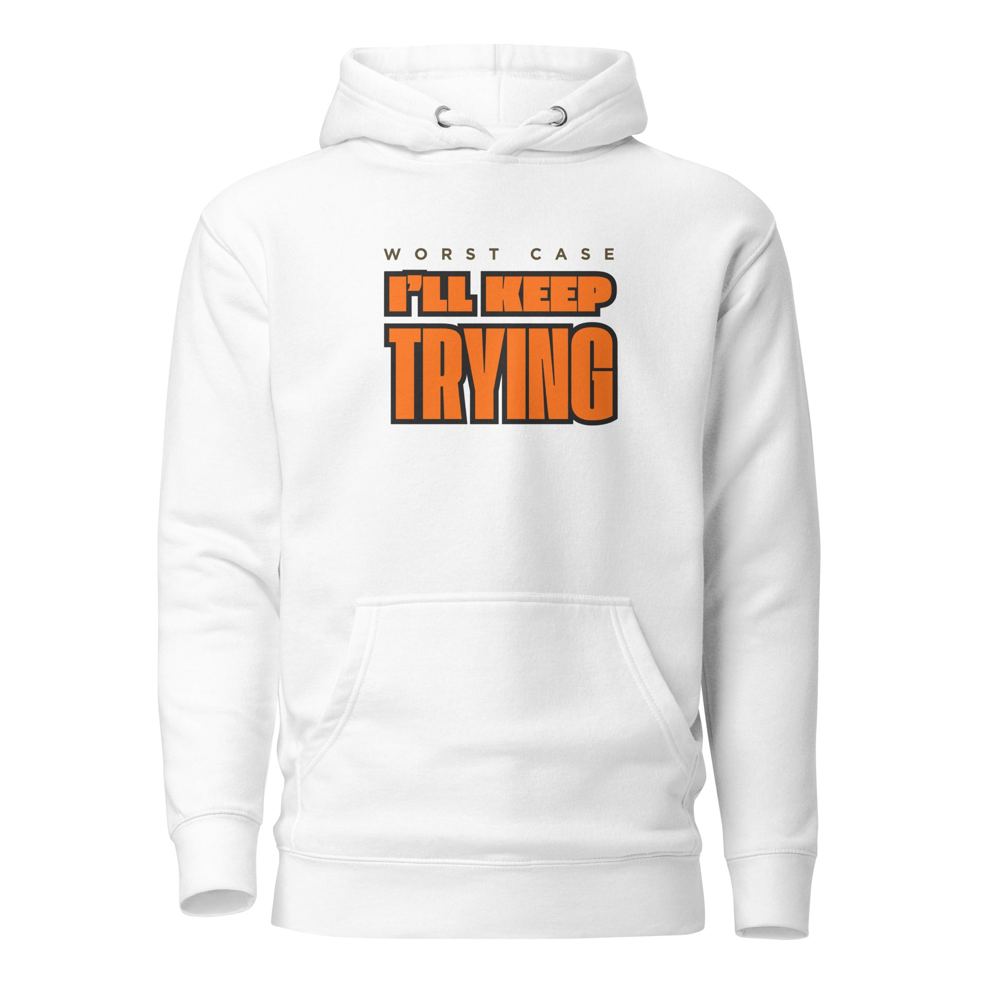 Keep Trying Cotton Face Hoodie in white with front graphic text, #color_white