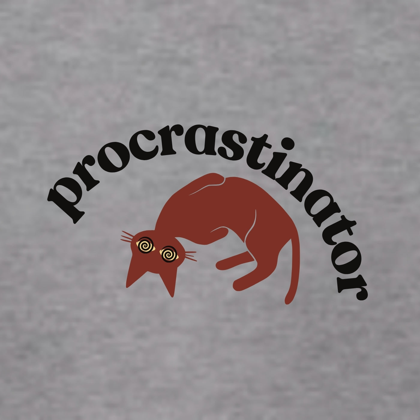 Gray t-shirt with a red cat illustration and 'procrastinator' text on a gray background #color_carbon grey