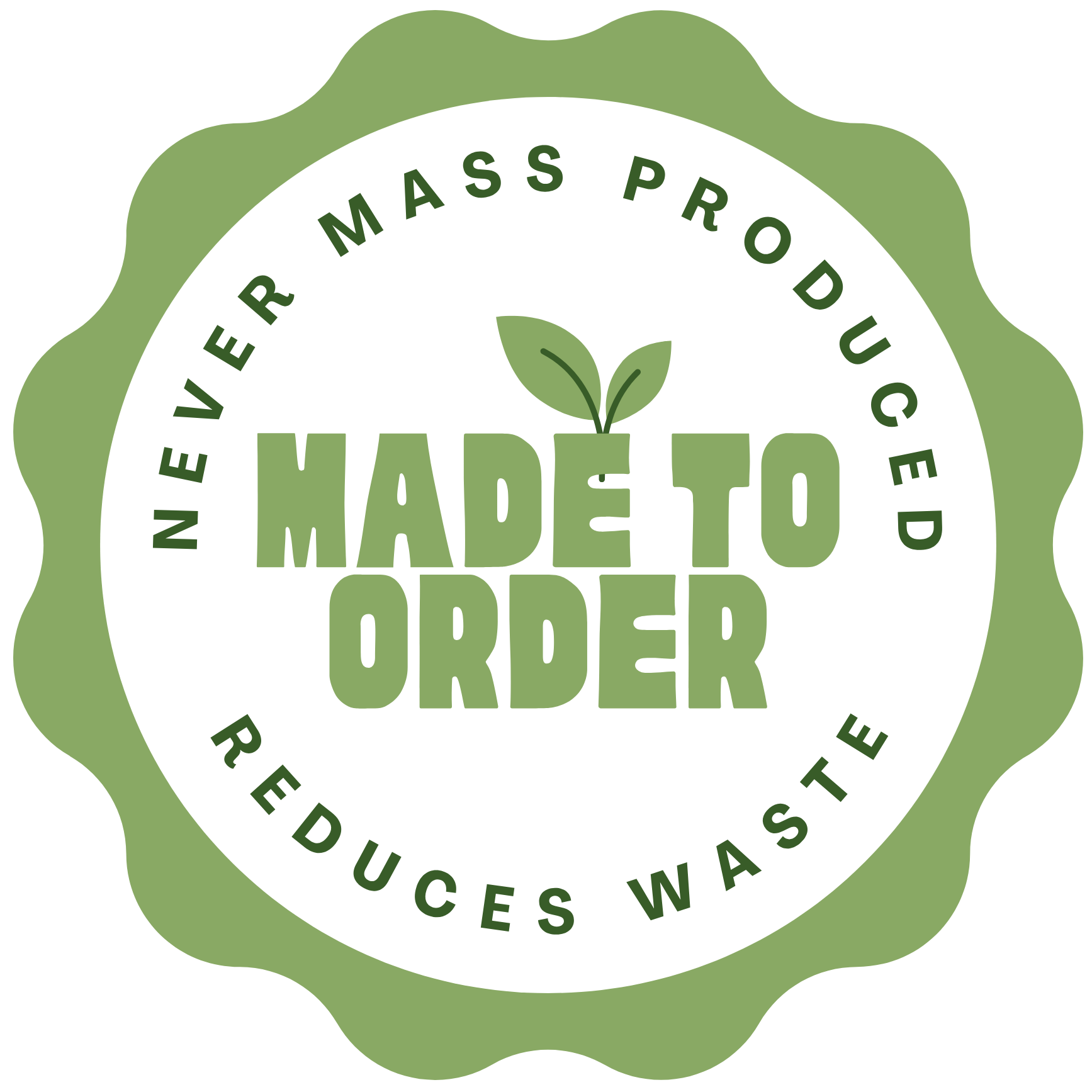 Brightluv Apparel Made Just For You. Green logo with text 'Made to Order' and 'Never Mass Produced, Reduces Waste' on a white background