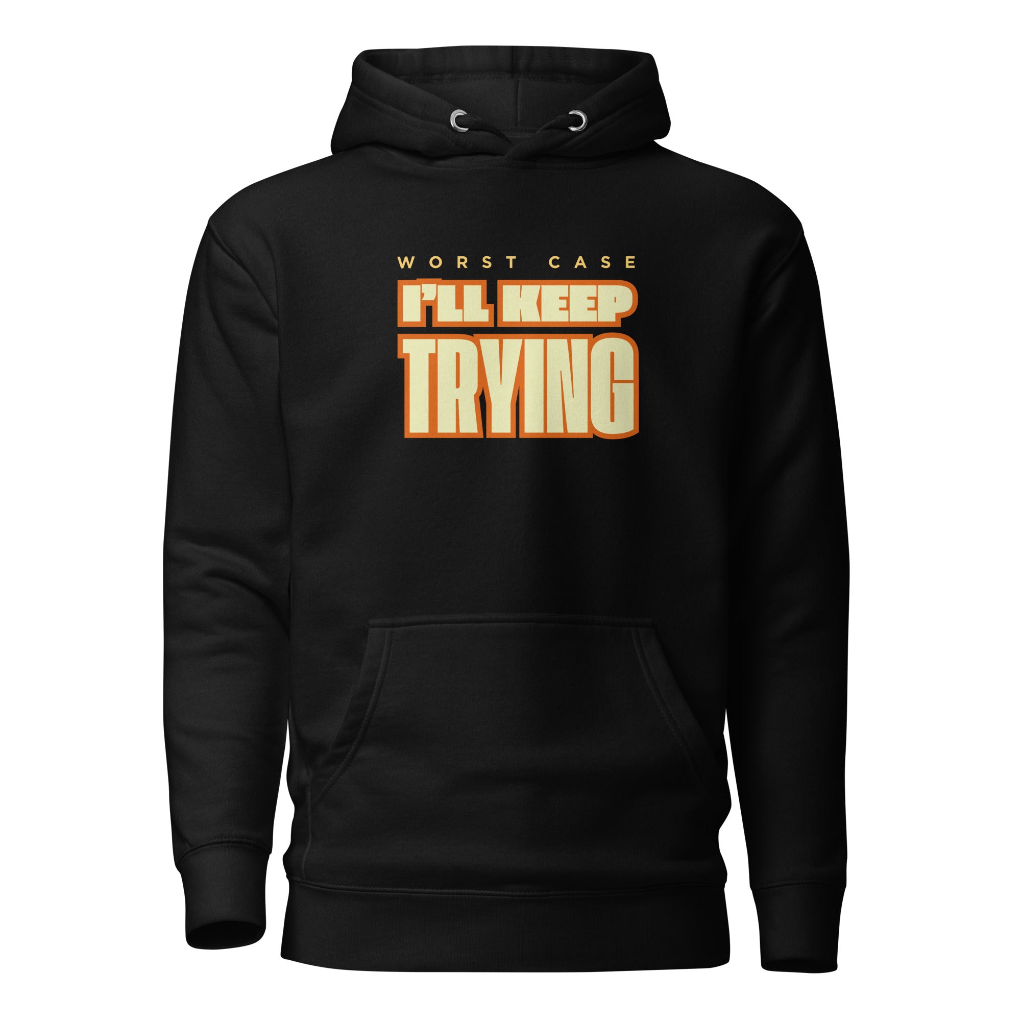 Keep Trying Cotton Face Hoodie in black with front graphic text, #color_black