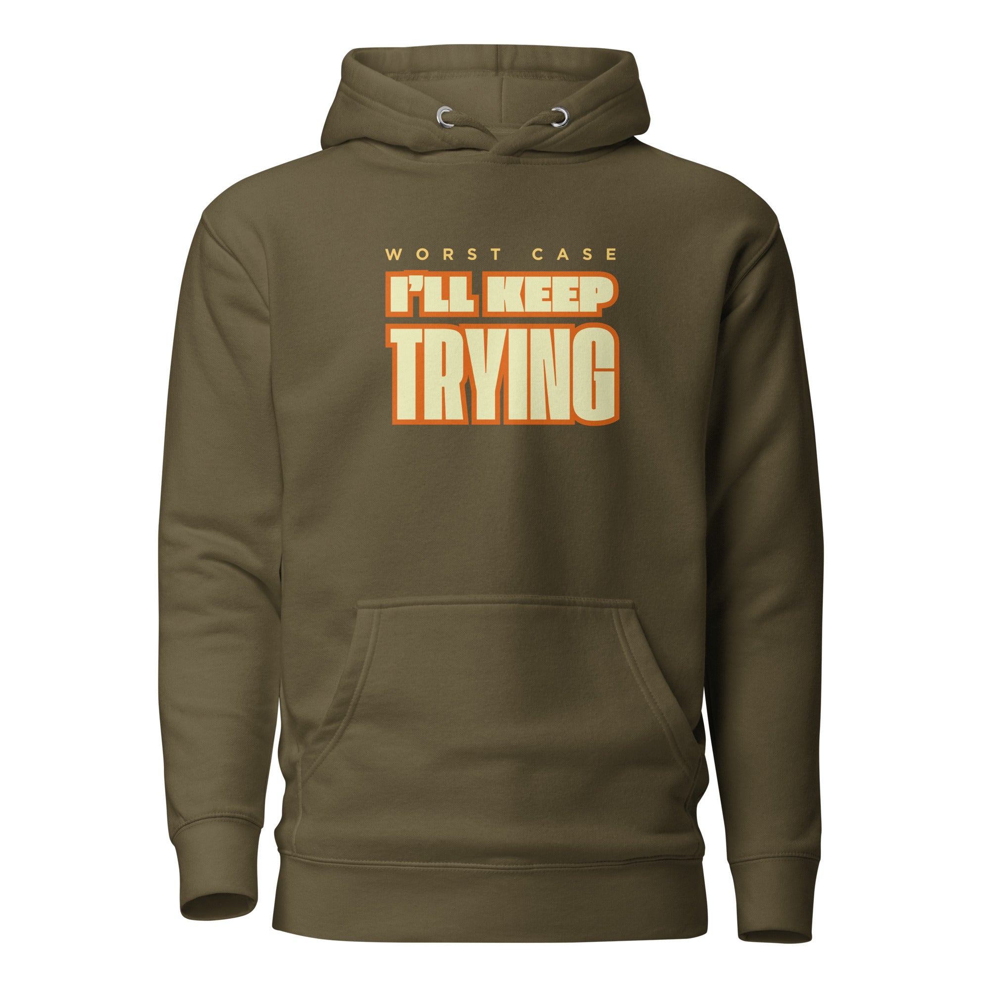 Keep Trying Cotton Face Hoodie in military green with front graphic text, #color_military green