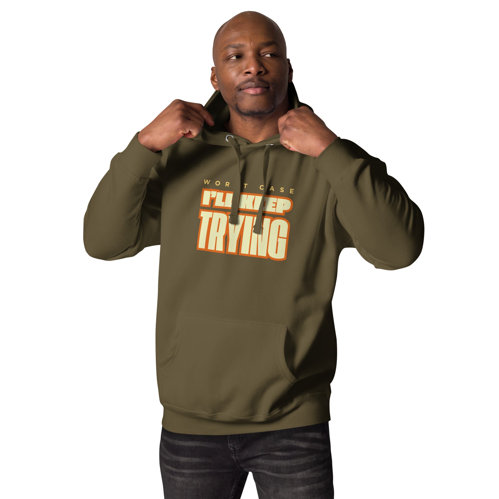 Military green Brightluv cotton face hoodie with motivational front print, #color_military green